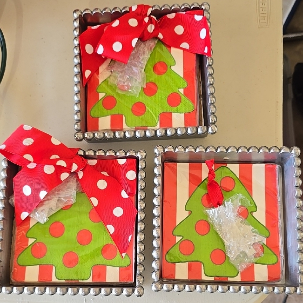 Mud Pie Holiday Tree Coasters with Red Ribbon